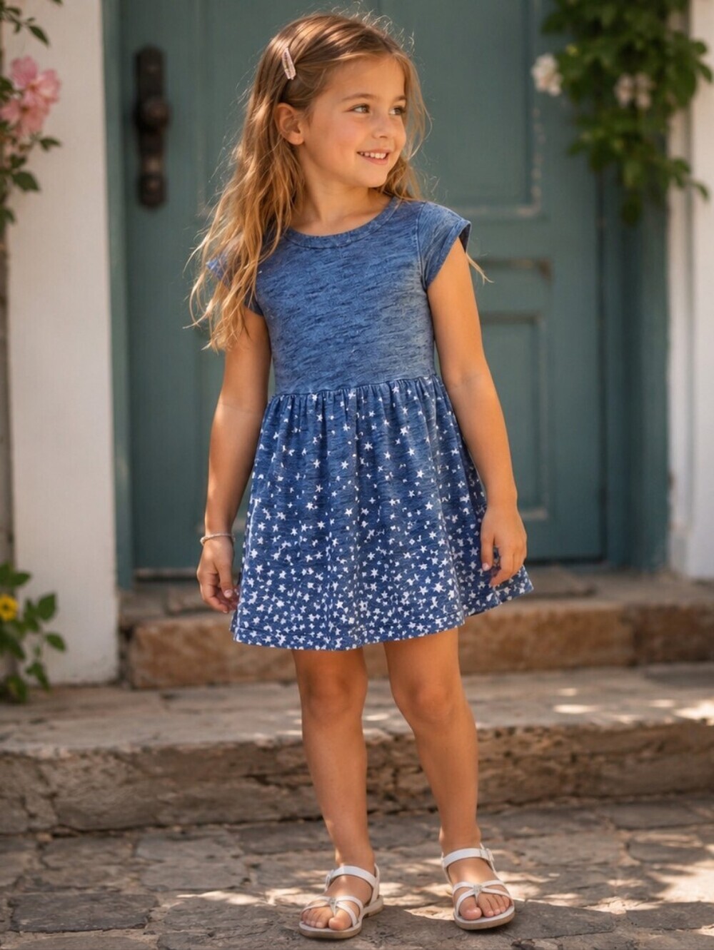 Gap Girls Size 6–7 Blue Star Print Cotton Fit & Flare Skater Dress